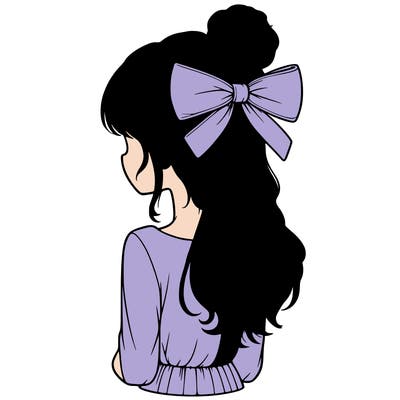 realistic girl  with hip length hair a bun and a big bow on the back of head