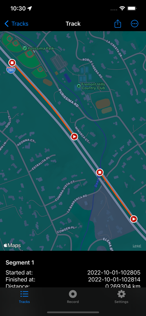 Location Tracker - GPS Logger - GPS logger app displaying a tracked route on a dark mode map with segment distance details