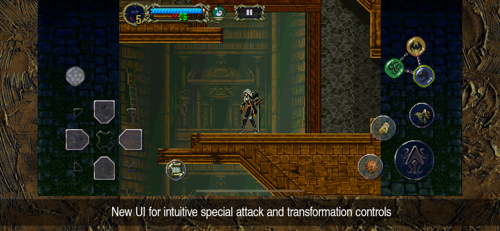 Castlevania: SotN - Alucard in Castlevania Symphony of the Night mobile edition featuring new special attack and transformation UI controls