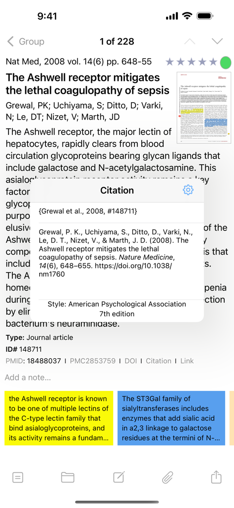 Bookends - Captura de pantalla de la aplicación Bookends que muestra una referencia de artículo de revista con una ventana emergente de cita en estilo APA 7ª edición.