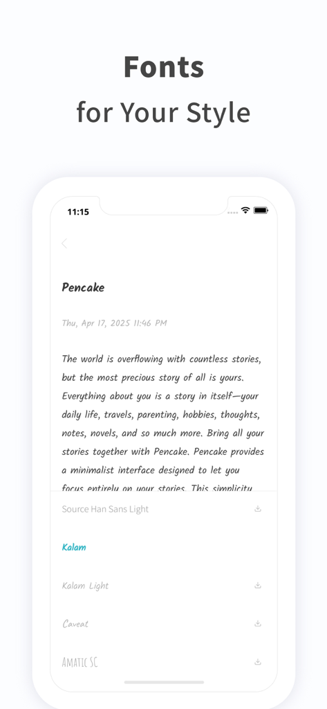 Notes, Journal, Diary: PenCake - Interface of the PenCake app showing a list of elegant fonts for personalizing digital journals and stories.
