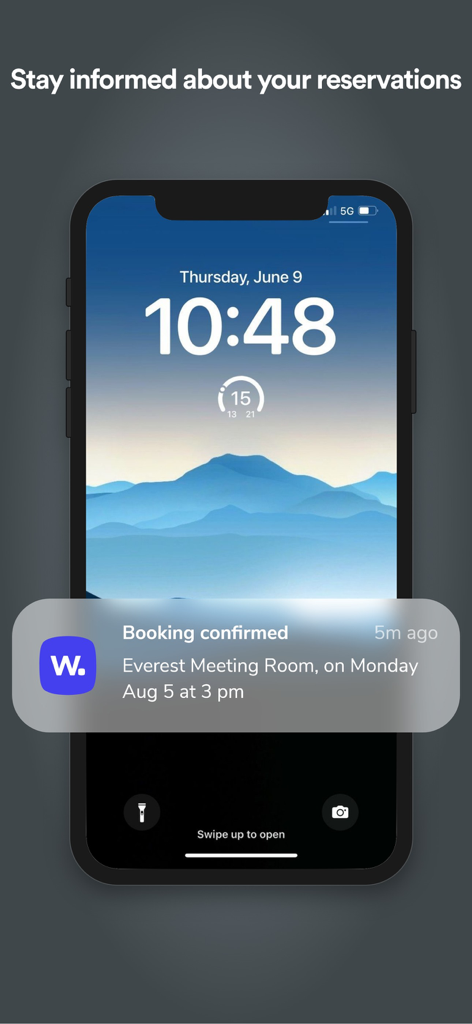 Whatspot - A smartphone lock screen showing a Whatspot app notification confirming a meeting room booking.