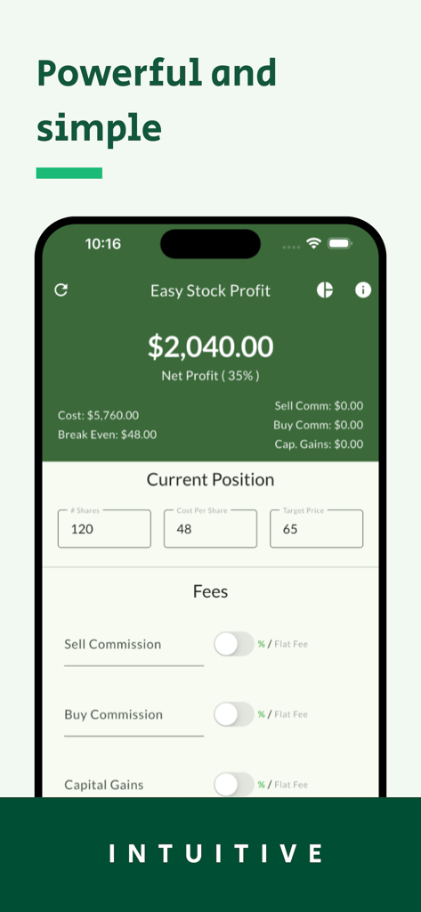 Easy Stock Profit Calculator - Interface of the Easy Stock Profit Calculator app displaying a net profit calculation of 2040 dollars