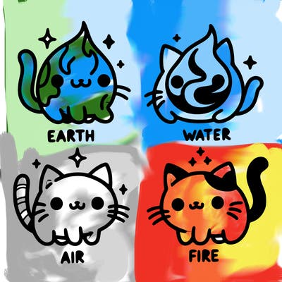 4 cats that represent the different elements, earth, water, air, and fire