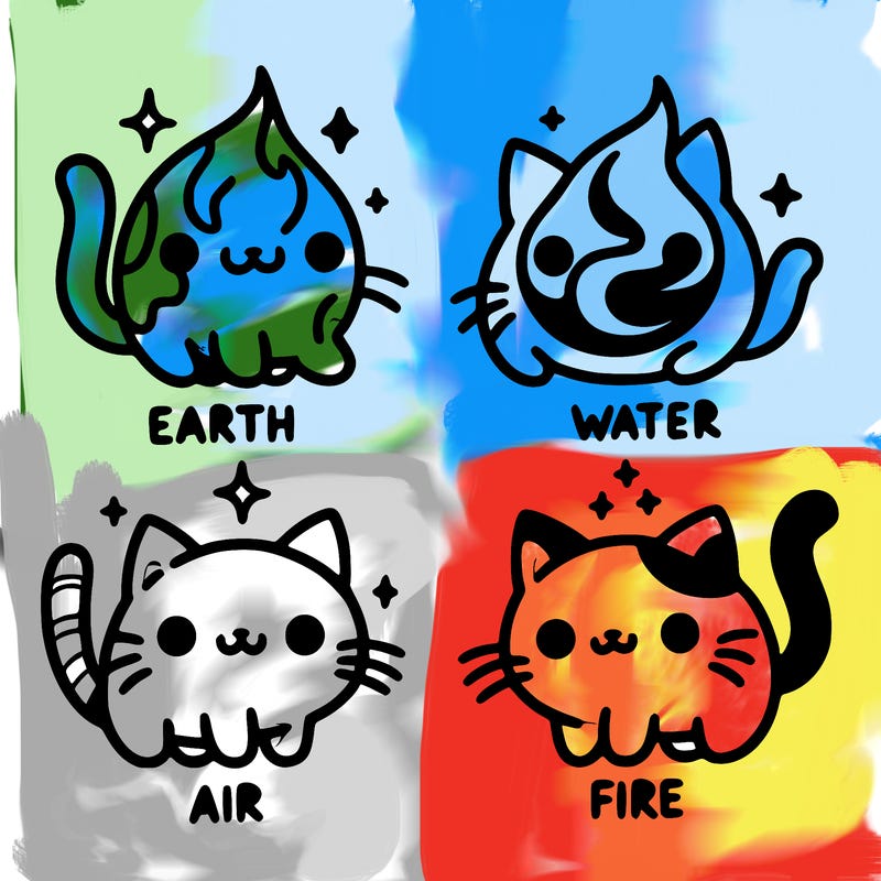 4 cats that represent the different elements, earth, water, air, and fire