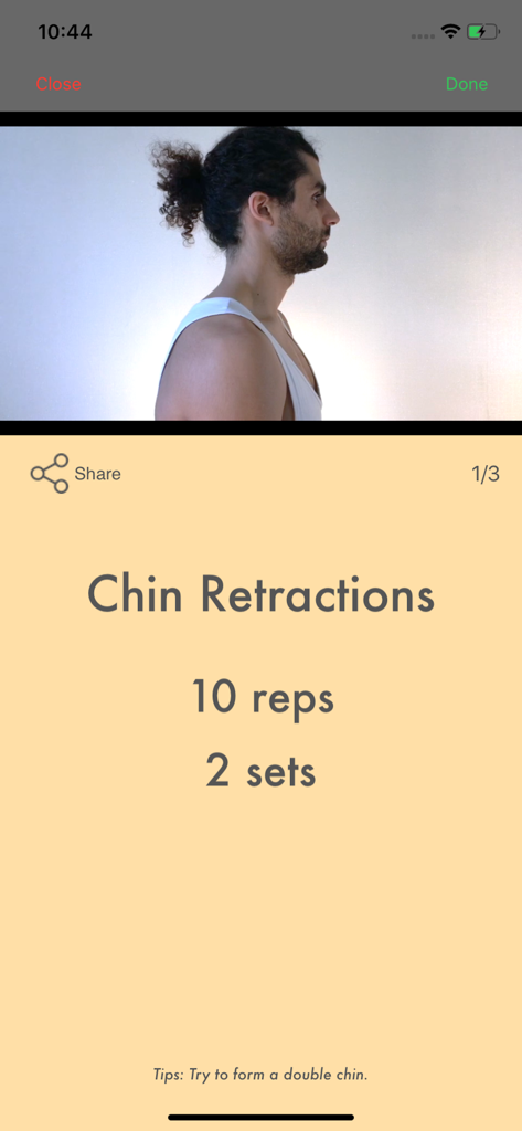 Instruções do exercício de retração do queixo com demonstração em vídeo e contagem de repetições no aplicativo Tecno-Pescoço