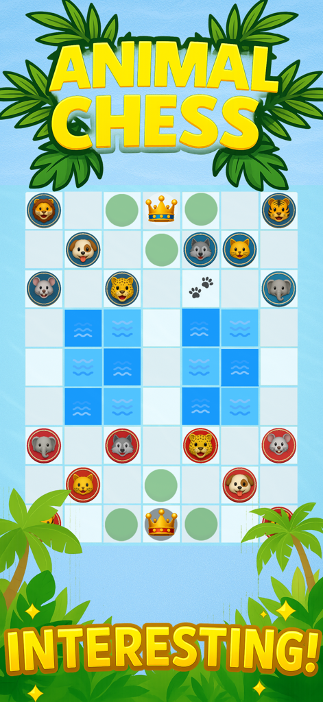 Chinese Checkers - Jump Game - カラフルな動物のトークンと熱帯の背景を持つアニマルチェスのゲームプレイ画面