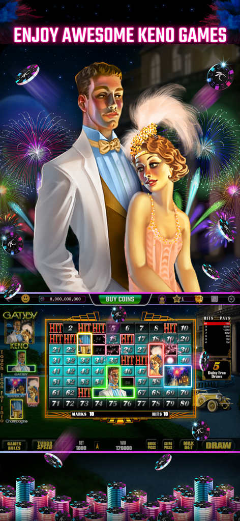 Choctaw Slots - Casino Games - Interface de jeu de keno sur le thème de Gatsby dans l'application Choctaw Slots