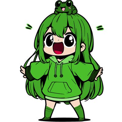 a excited chibi girl whith long hair and a baggy shirt whith a frog on there head