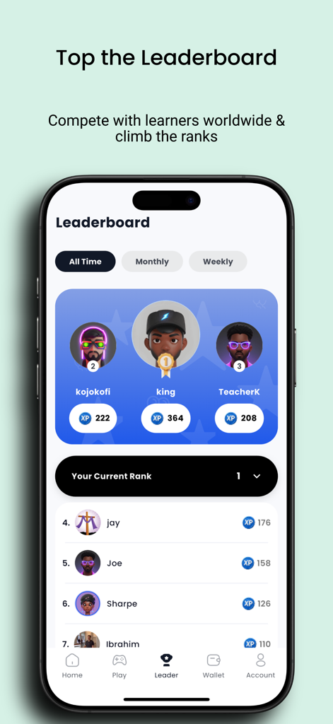 LearnWay: Learn and Earn - LearnWayアプリのリーダーボード画面。XPポイントでランク付けされたトップユーザーが表彰台とリストに表示されています