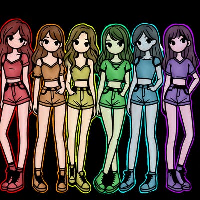 a group of girls wearing crop tops and shorts
