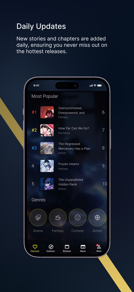 AsuraComic mobile app showing the most popular manga titles and genre icons for fantasy and action with a daily updates notification