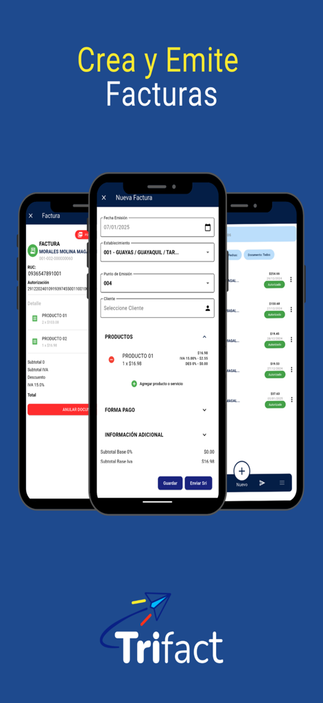 TRIFACT - Écrans de l'application mobile TRIFACT montrant la création et la gestion des factures électroniques