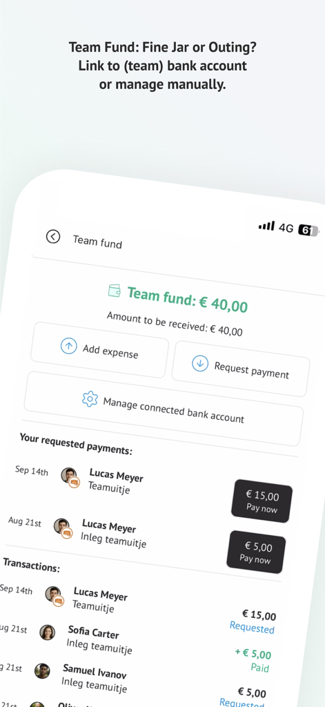 Teamy App-Oberfläche zur Verwaltung von Sportteamkassen und Zahlungsanforderungen