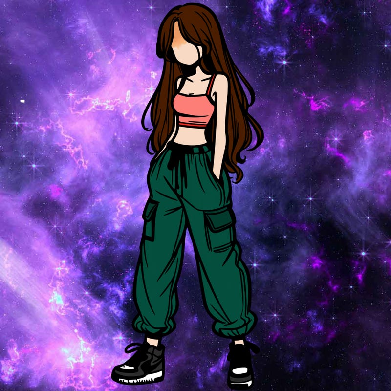 girl in baggy pants crop top and long hair