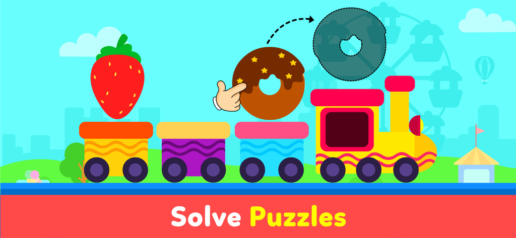 A colorful train in a kids game where a toddler solves a donut shape puzzle