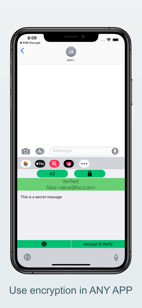 PGP Everywhere - PGP Everywhere keyboard extension decrypting and verifying a secret message in iMessage