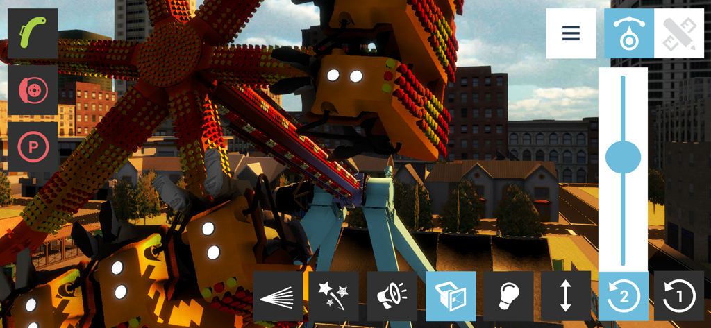 A screenshot of Funfair Ride Simulator 4 showing the control interface for a carnival ride with a city background