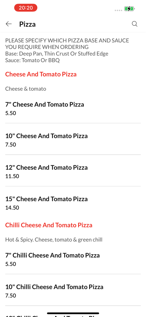 Pizza Night Plus - Pizza menu selection screen in the Pizza Night Plus app showing various sizes and prices for cheese and tomato pizzas.