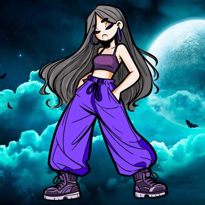 girl in baggy pants crop top and long hair