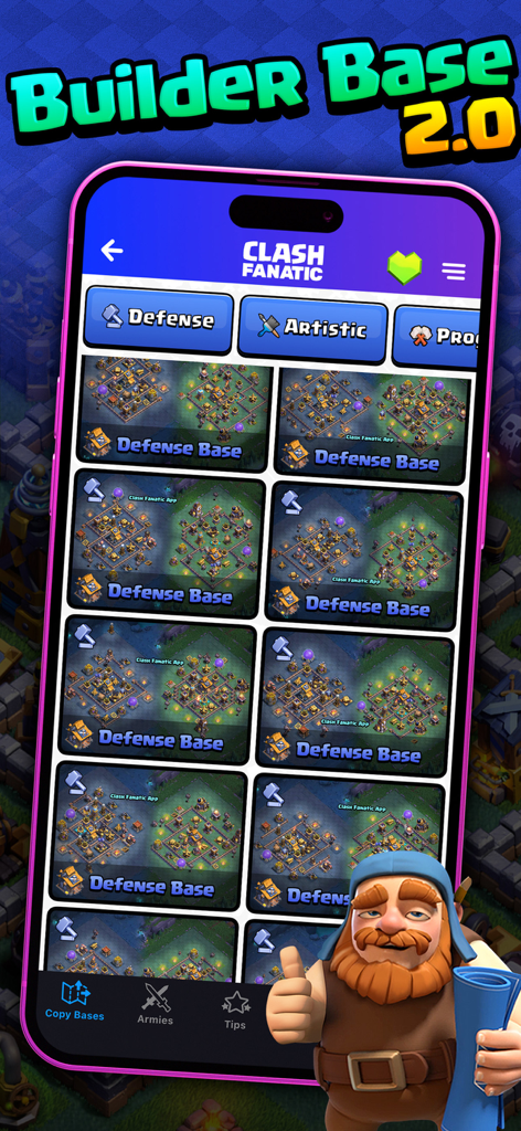 CoC Fanatic for Clash of Clans - Interfaz de la aplicación CoC Fanatic que muestra diseños de bases de defensa para la Base del Constructor 2.0