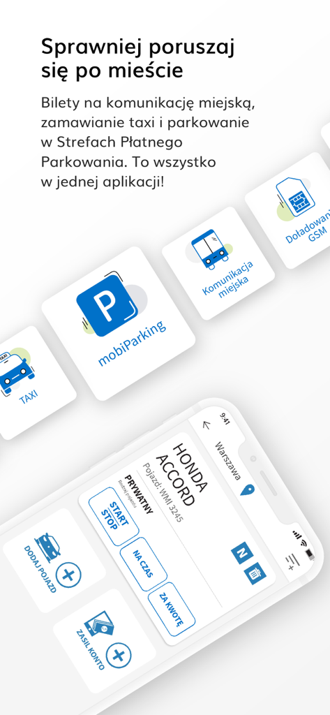 SkyCash mobile app interface showcasing parking and public transport services