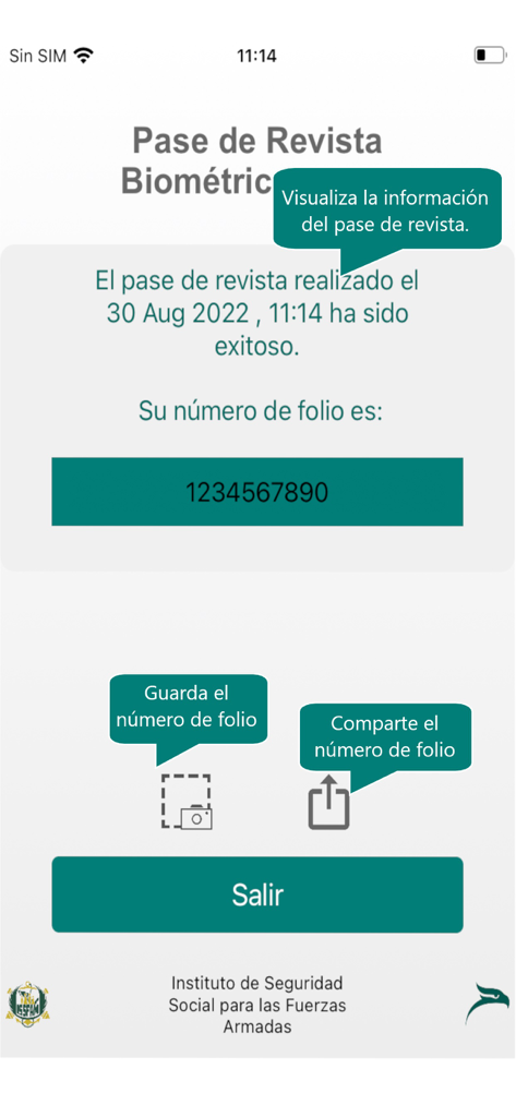 Revista Supervivencia Militar - Schermata di conferma di un controllo di sopravvivenza riuscito con un numero di folio nell'app Revista Supervivencia Militar