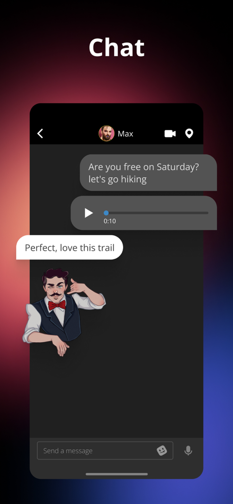 GAY VIDEO chat & dating TWINK - Interface of the Twink app showing a chat conversation with text and voice messages