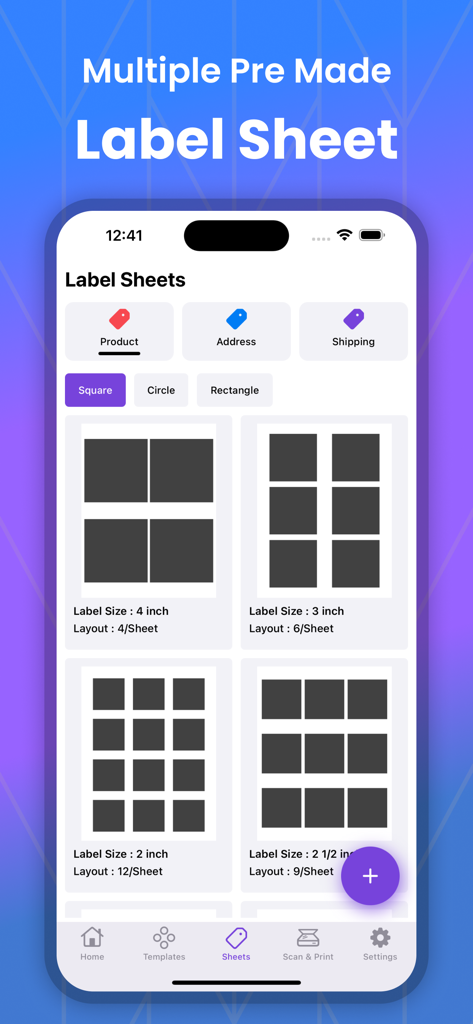 AI Label Maker: Label Printer - Interface for choosing pre-made label sheet layouts including square and circle designs for shipping and products
