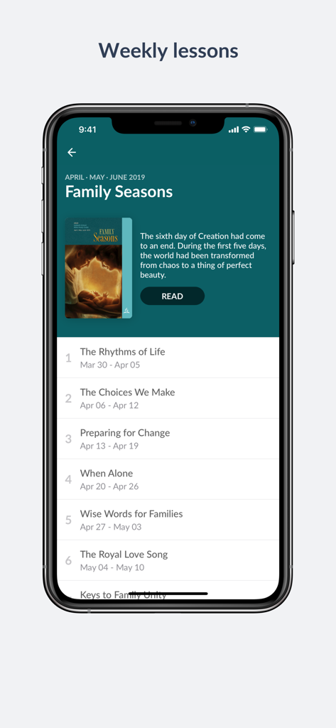 Sabbath School & PM - A smartphone screen from the Sabbath School app showing a list of weekly Bible study lessons titled Family Seasons.