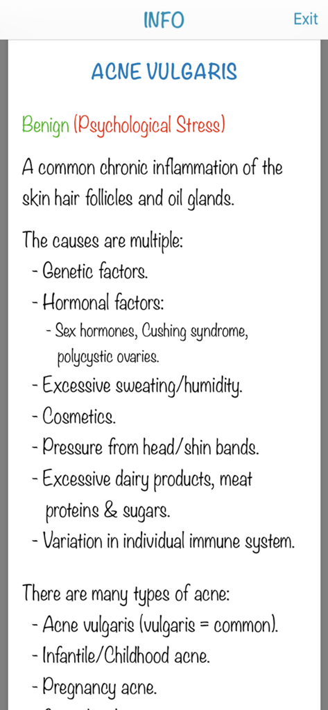 Dermatology (AIMapps) - Informationsblatt über Akne vulgaris Ursachen und Arten in der Dermatologie-App