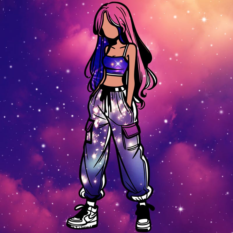 girl in baggy pants crop top and long hair