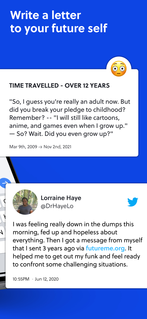 Capture d'écran de l'application FutureMe montrant une lettre envoyée 12 ans dans le futur et un témoignage d'utilisateur.