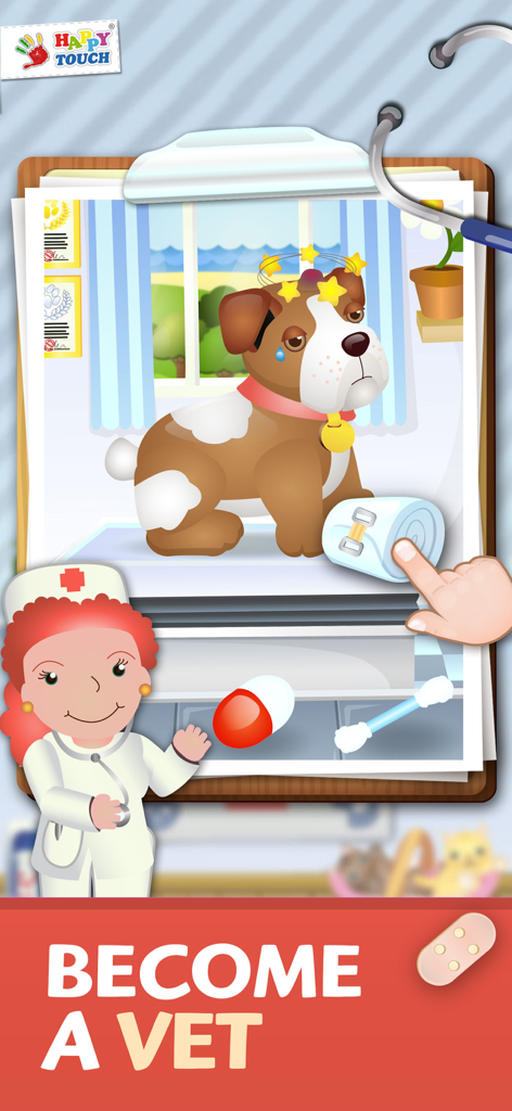 Pet Doctor Happytouch - Cartoon vet treating an injured dog in the Pet Doctor Happytouch app