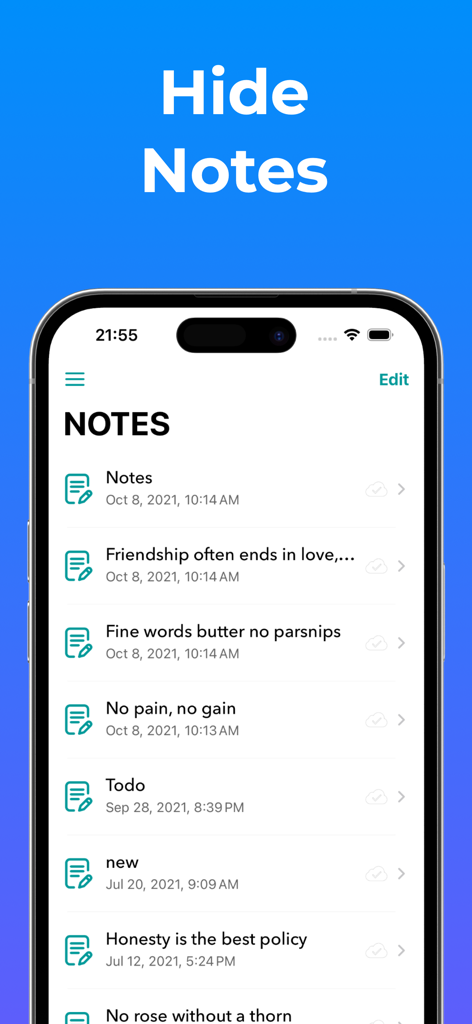 User interface of the Secure Folder app showing a list of hidden personal notes