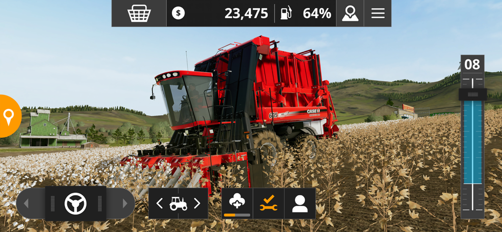 Farming Simulator 20 - A red Case IH cotton harvester operating in a cotton field within the Farming Simulator 20 game environment