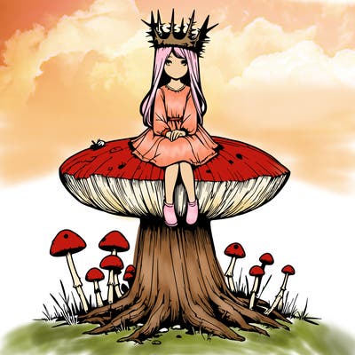 realistic girl sitting on a huge tree stump size toadstool with thorn crown