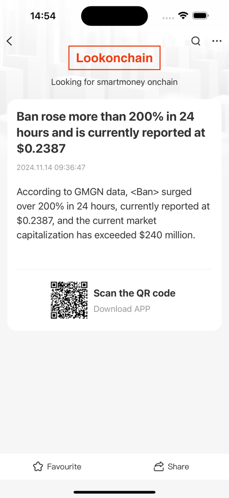 Lookonchain Mobile App-Oberfläche, die eine Krypto-Warnung für einen Token-Preisanstieg mit einem QR-Code zum Herunterladen der Anwendung anzeigt