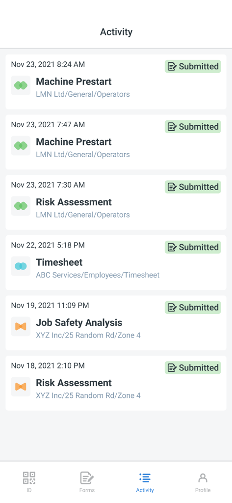 Sitemate - Sitemate app activity screen showing a list of submitted industrial forms and logs