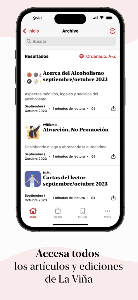 AA La Viña - Archivbereich der AA La Viña App, der spanische Genesungsartikel anzeigt