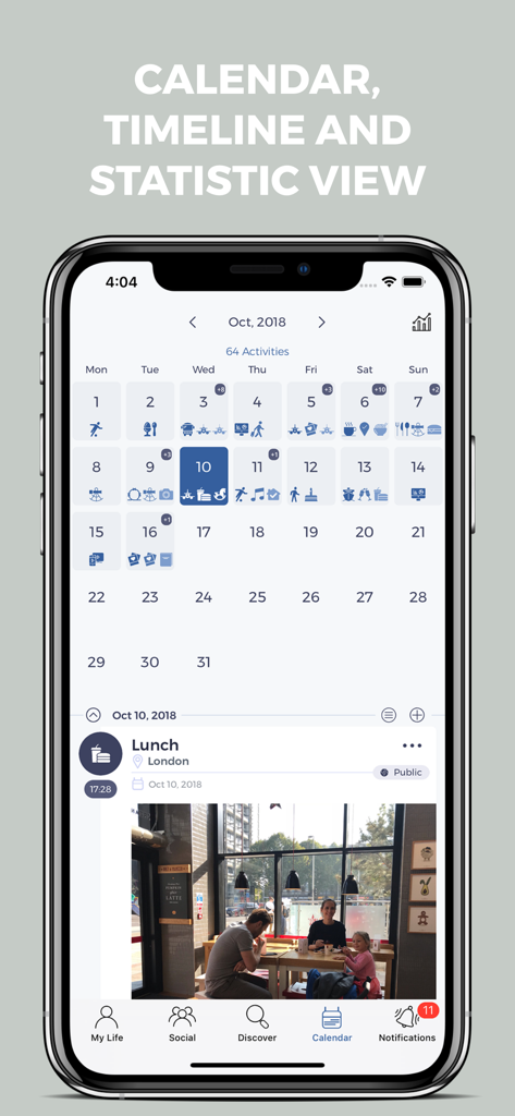 Logg: Personal Journal & Diary - Logg app calendar interface showing daily activity icons and a detailed photo journal entry for lunch.