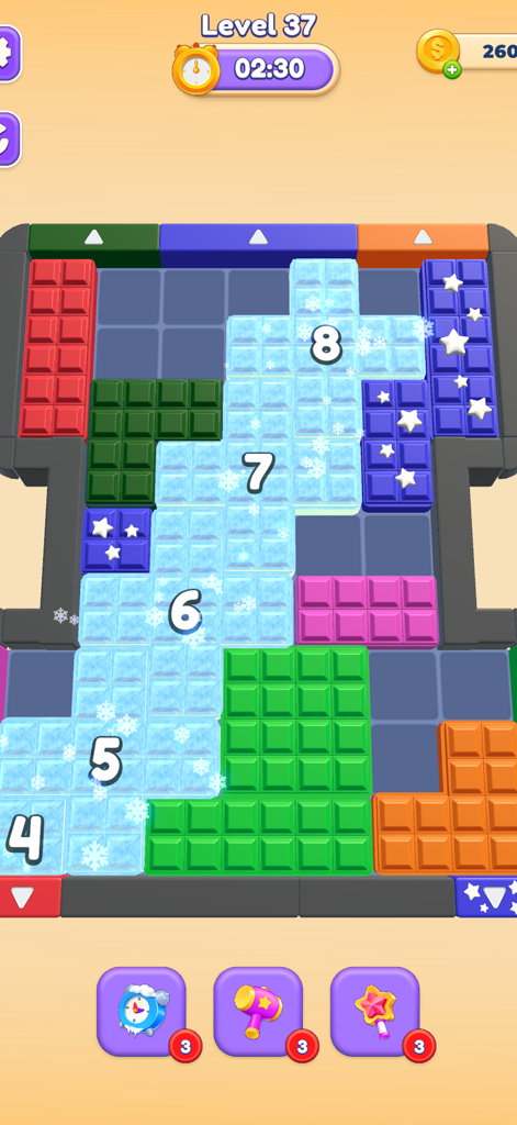 Block Out Master: Color Jam 3D - A 3D block puzzle board featuring colorful shapes and numbered ice blocks in Block Out Master Color Jam 3D