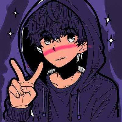 teenage manga boy in a hoodie, doing ✌