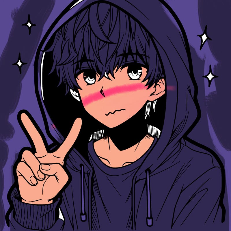 teenage manga boy in a hoodie, doing ✌