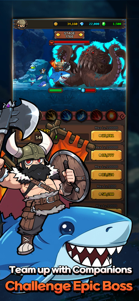 Dragon Slayer IDLE RPG - A pixel art viking warrior riding a shark companion to challenge a giant kraken boss in Dragon Slayer IDLE RPG.