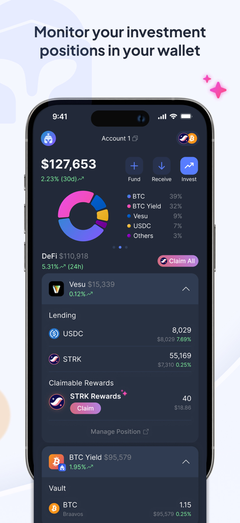 Braavos mobile app investment dashboard showing asset distribution chart and DeFi rewards