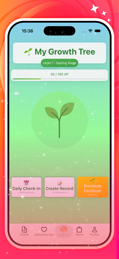 Lureta app interface showing the My Growth Tree feature with a sapling and XP progress bar
