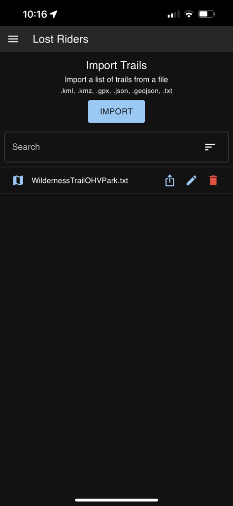 Lost Riders - Interface of the Lost Riders app showing the trail import screen with options to upload KML and GPX files for off-road navigation.