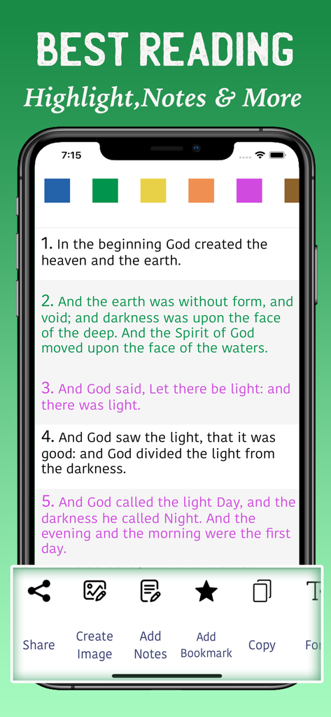 KJV Commentary Bible app interface showing highlighted verses from Genesis with options to share, create images, and add notes.