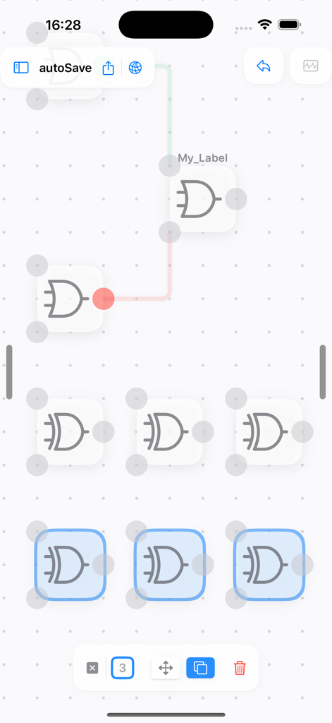 LogicalArt - Logic Gate Sim - A digital circuit design interface in LogicalArt showing multiple logic gates connected by signal lines on a grid background.